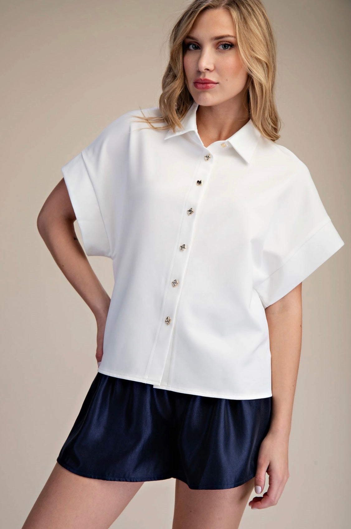 ivory short sleeve dress shirt Ivory Short Sleeve Button-Up with Ribbed Cuff