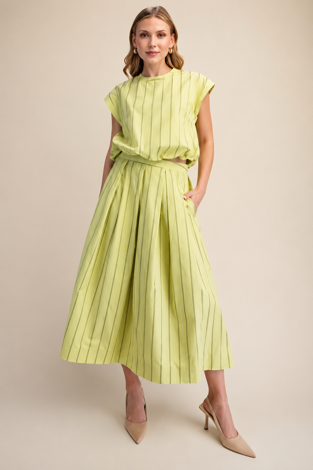 LIME STRIPE TOP & MIDI SKIRT SET