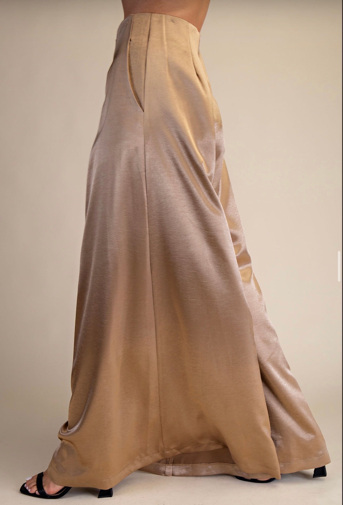 TAUPE SATIN PALAZZO PANTS