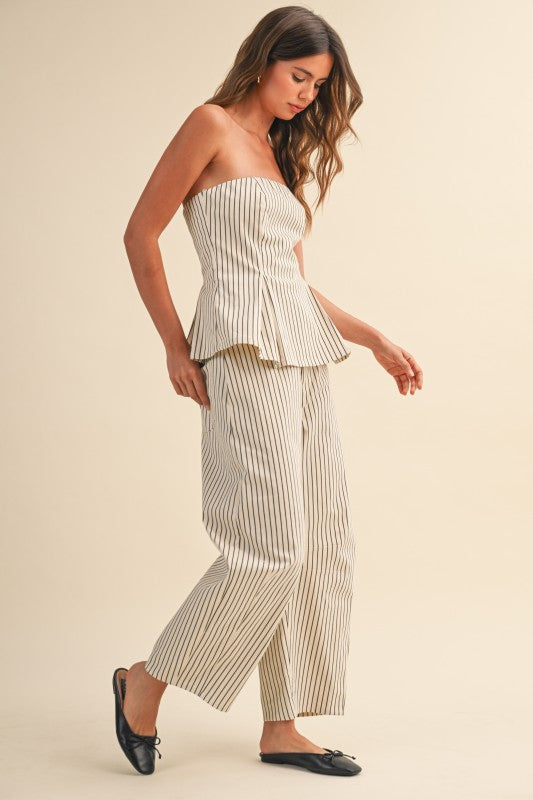 STRIPED STRAPLESS PEPLUM PANTS SET