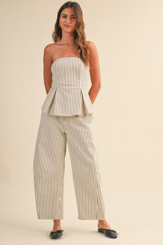 STRIPED STRAPLESS PEPLUM PANTS SET