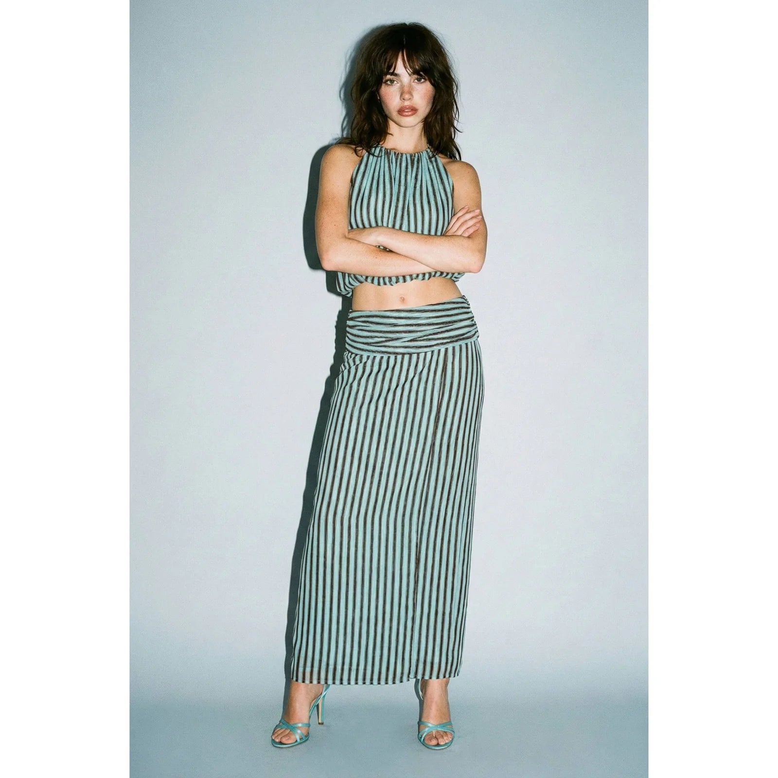 STRIPED HALTER & RUCHED MAXI SKIRT SET