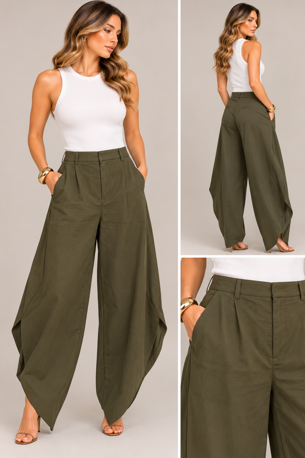 OLIVE GREEN HIGH-RISE TULIP HEM WIDE-LEG PANTS