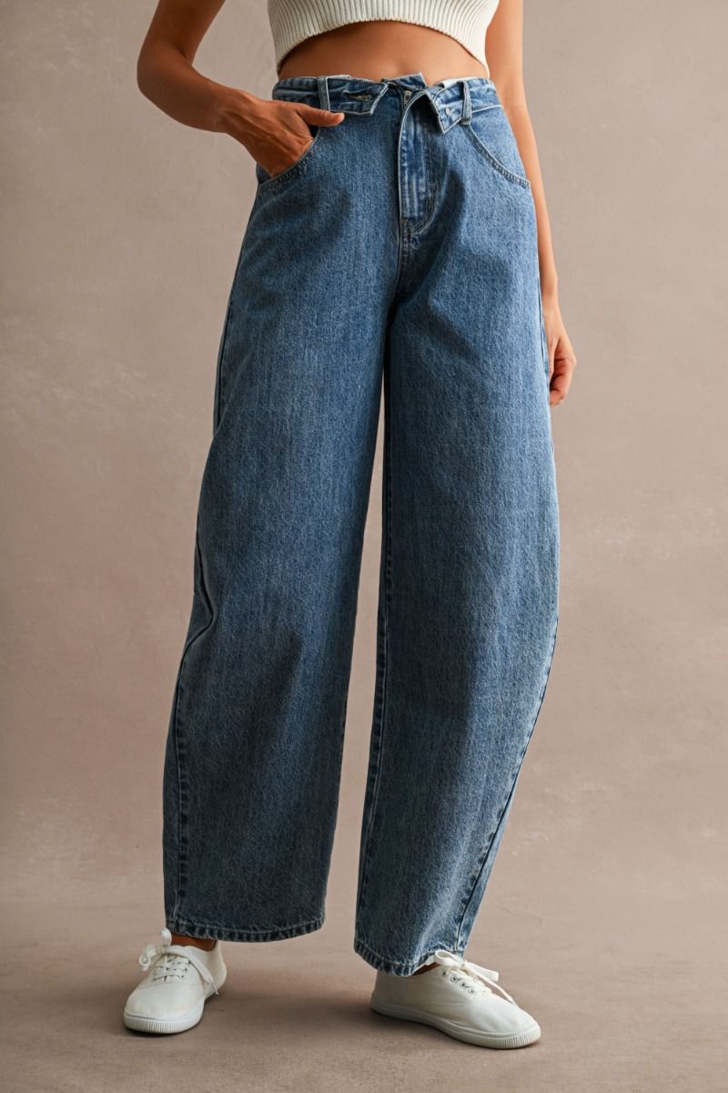 FOLD-OVER WAIST BARREL JEANS