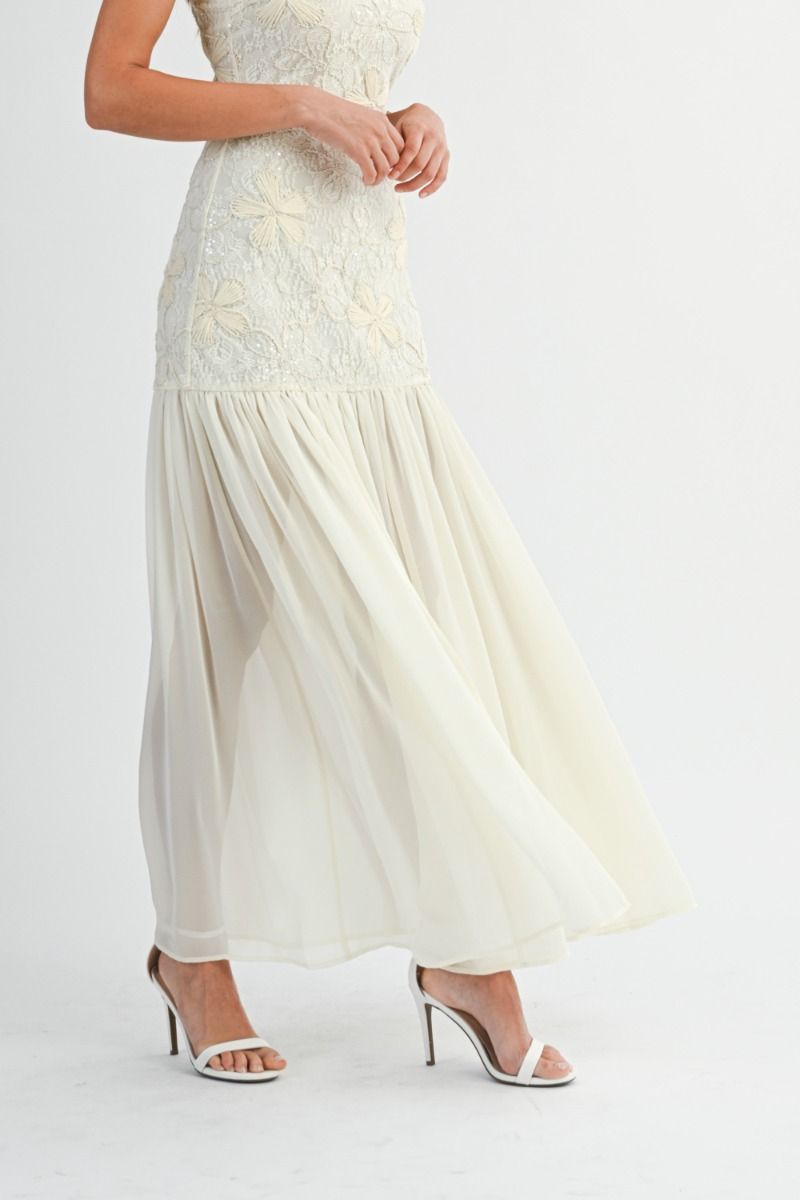 IVORY BLOSSOM PLEATED RUFFLE DRESS