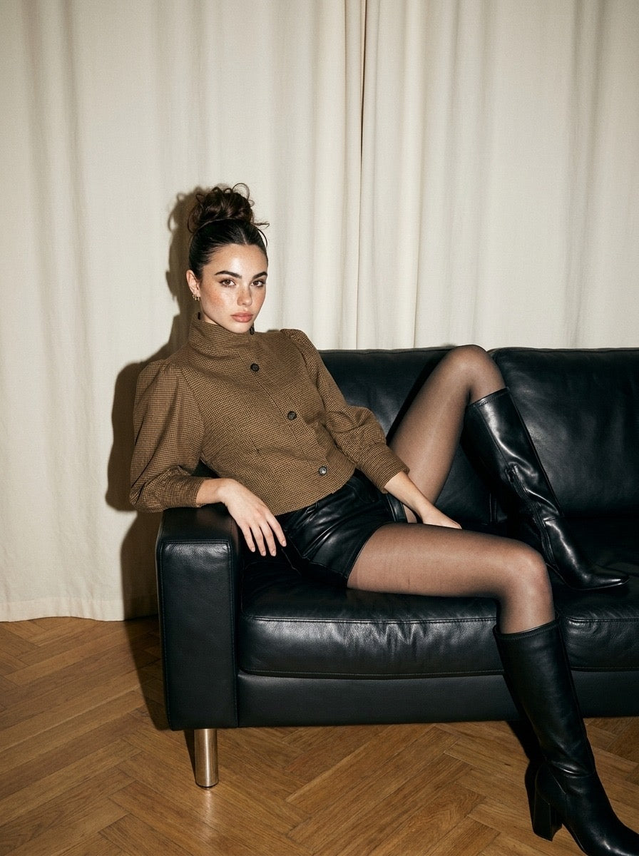PLAID MOCK NECK CROPPED JACKET