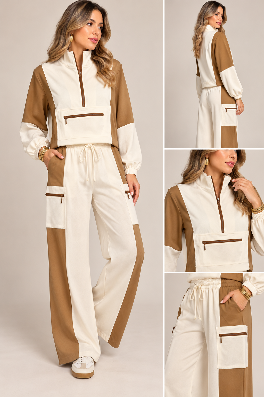 CREAM & CAMEL COLOR BLOCK HALF-ZIP PULLOVER & WIDE-LEG PANTS SET