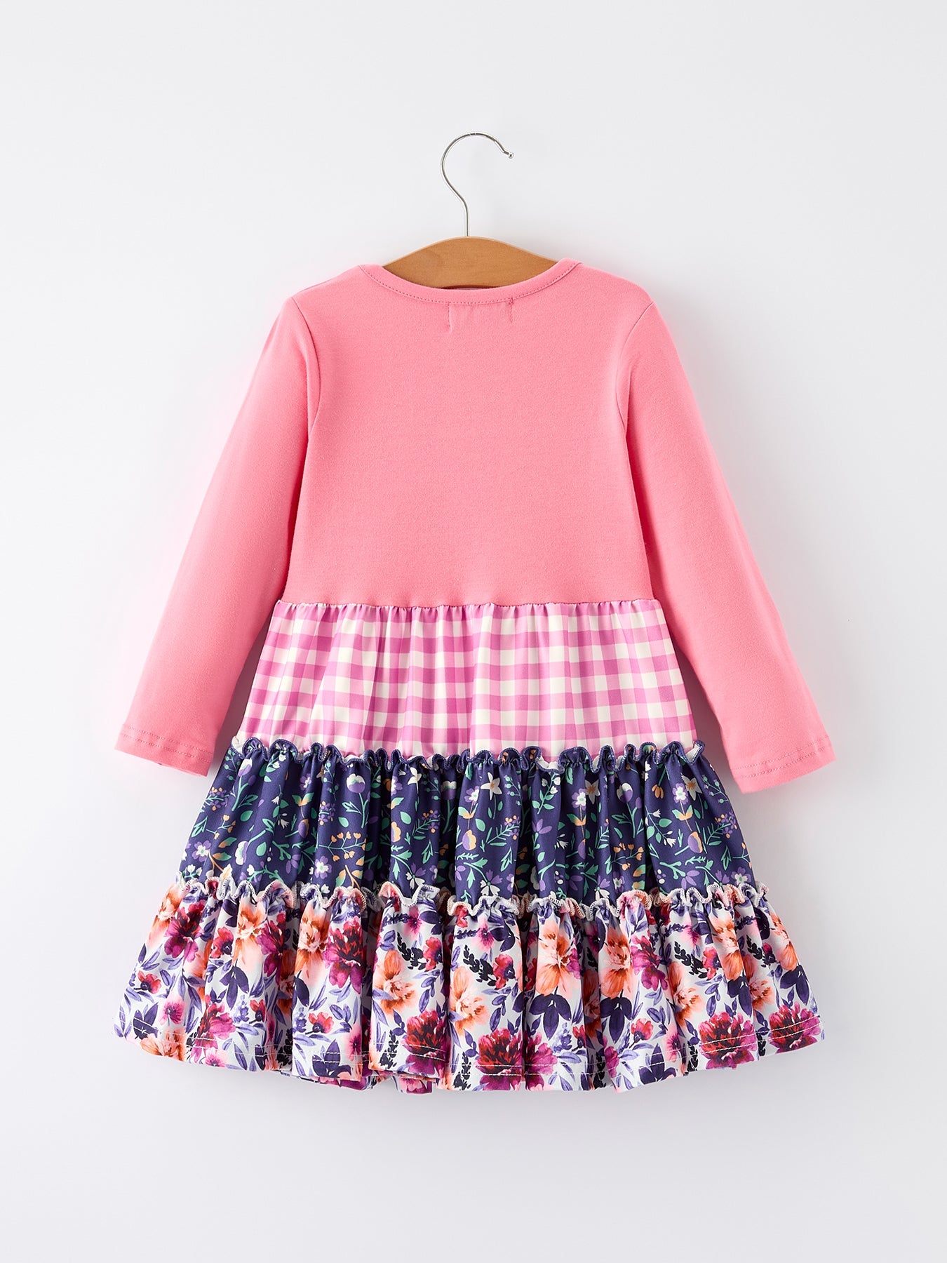 Vestido de manga larga floral y a cuadros con retazos rosas para niña