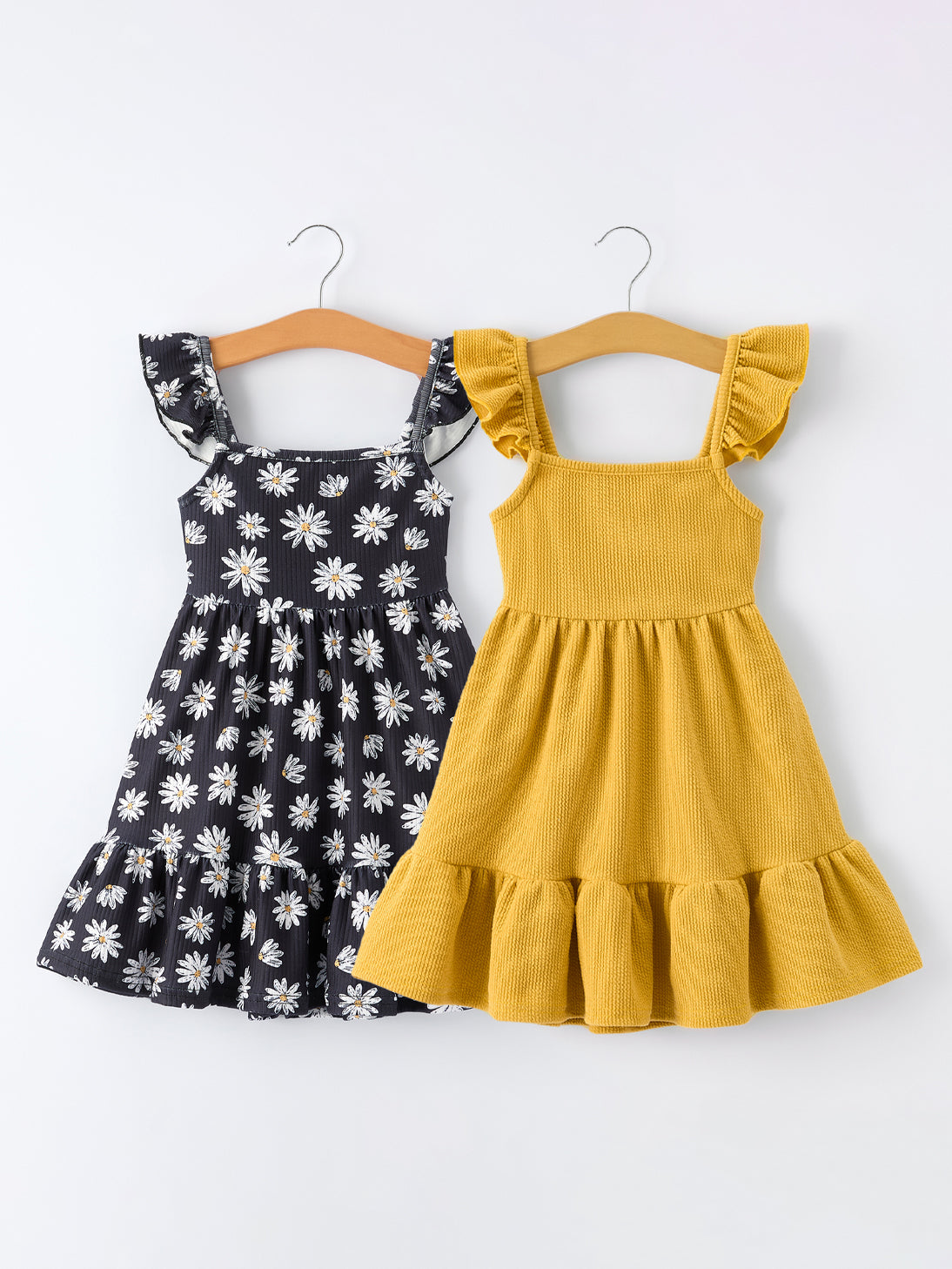 Conjunto de dos piezas de vestido para niñas color margaritas y amarillo mostaza
