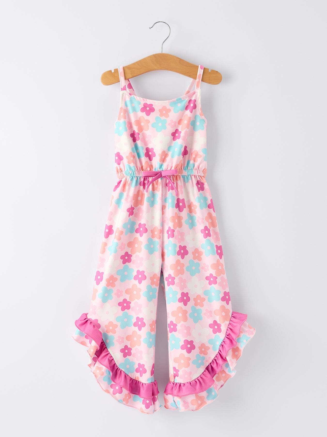 Mono acampanado con tirantes y volantes florales de colores para niña