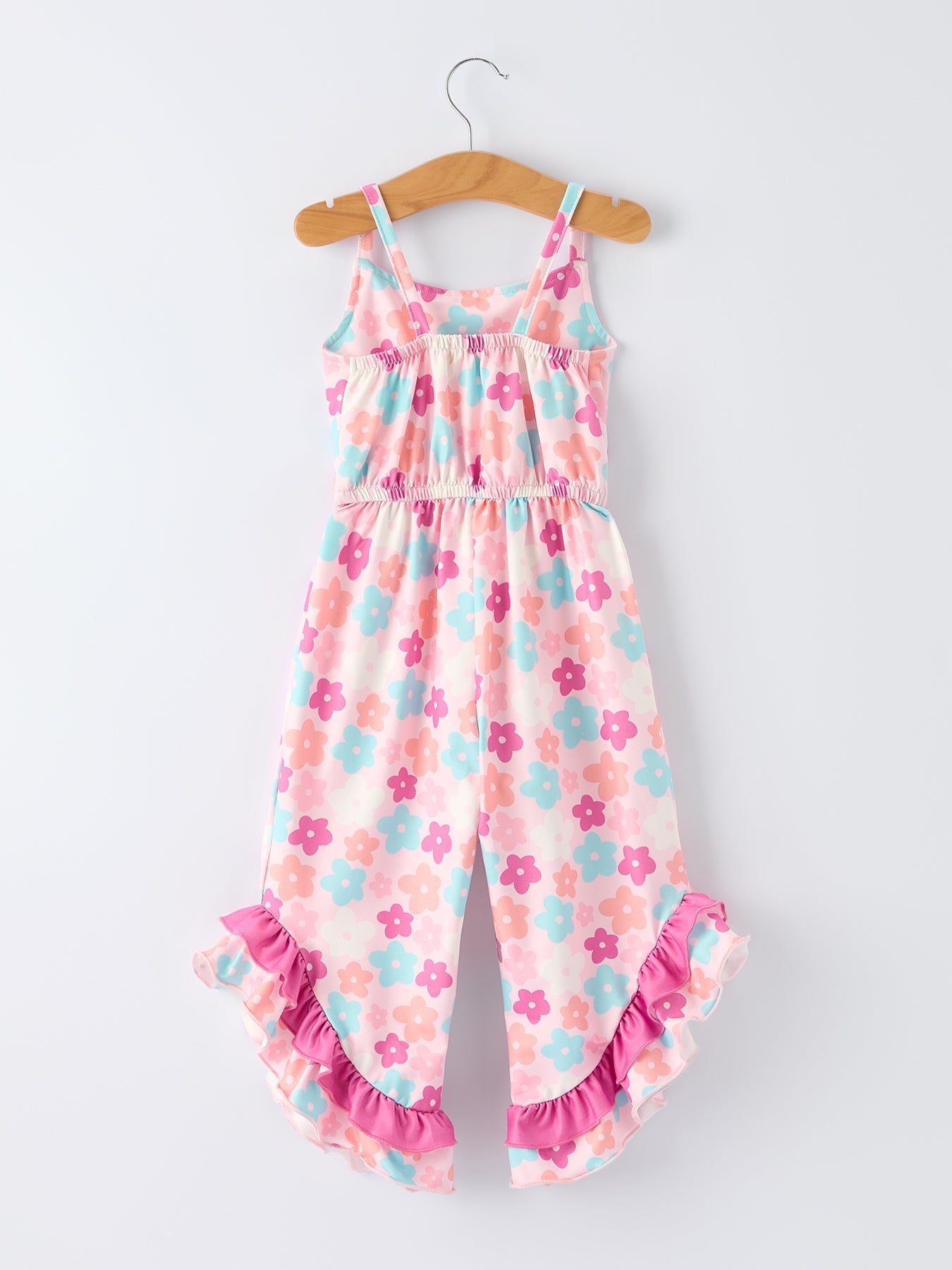 Mono acampanado con tirantes y volantes florales de colores para niña