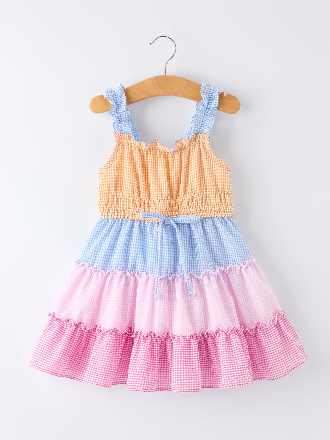 Vestido de volantes para niña con cuadros vichy en bloques de color