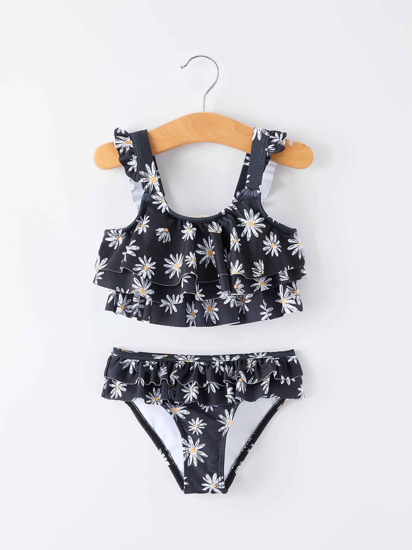 Conjunto de traje de baño de dos piezas y pareo floral negro de verano para niña