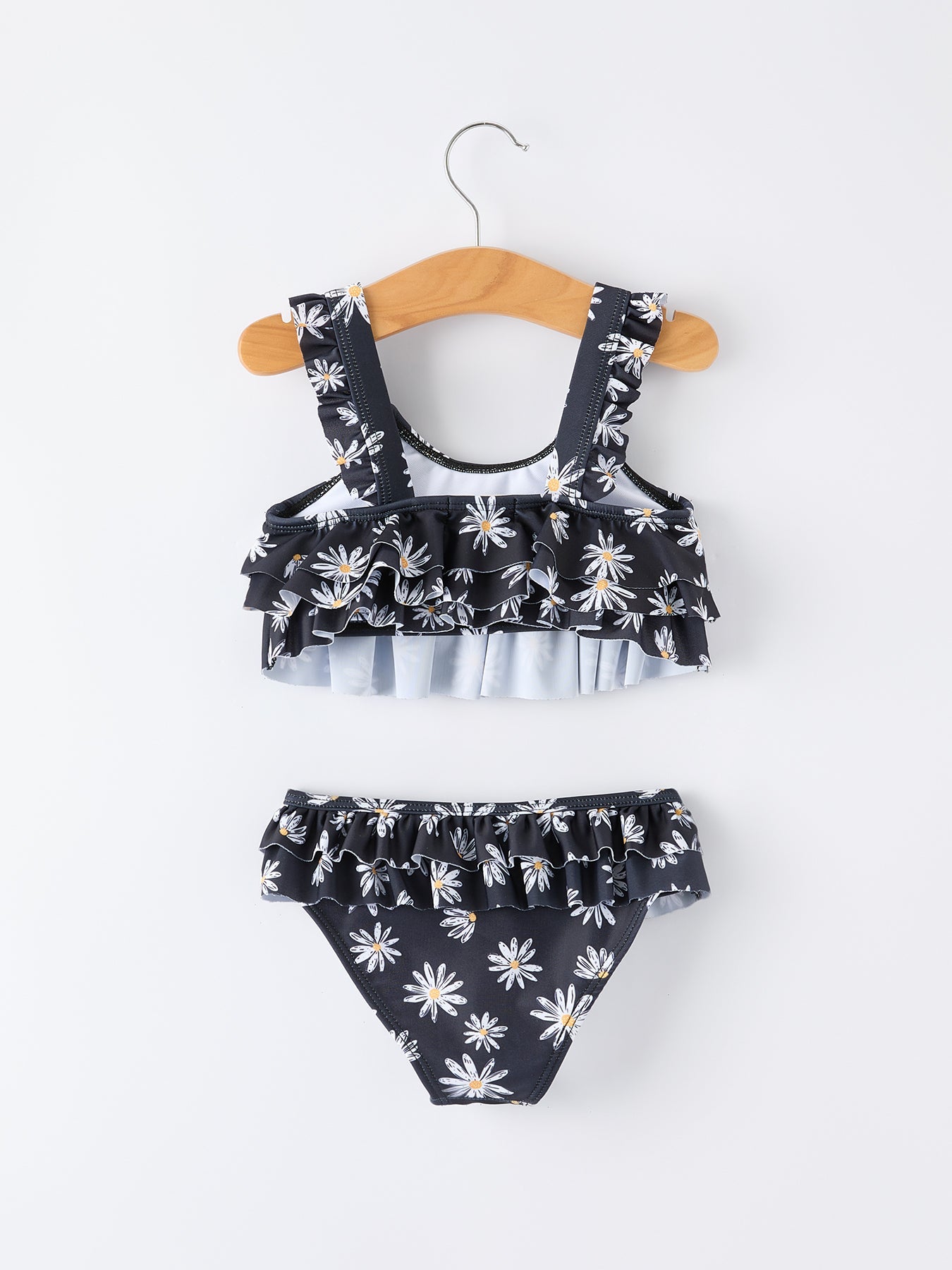 Conjunto de traje de baño de dos piezas y pareo floral negro de verano para niña
