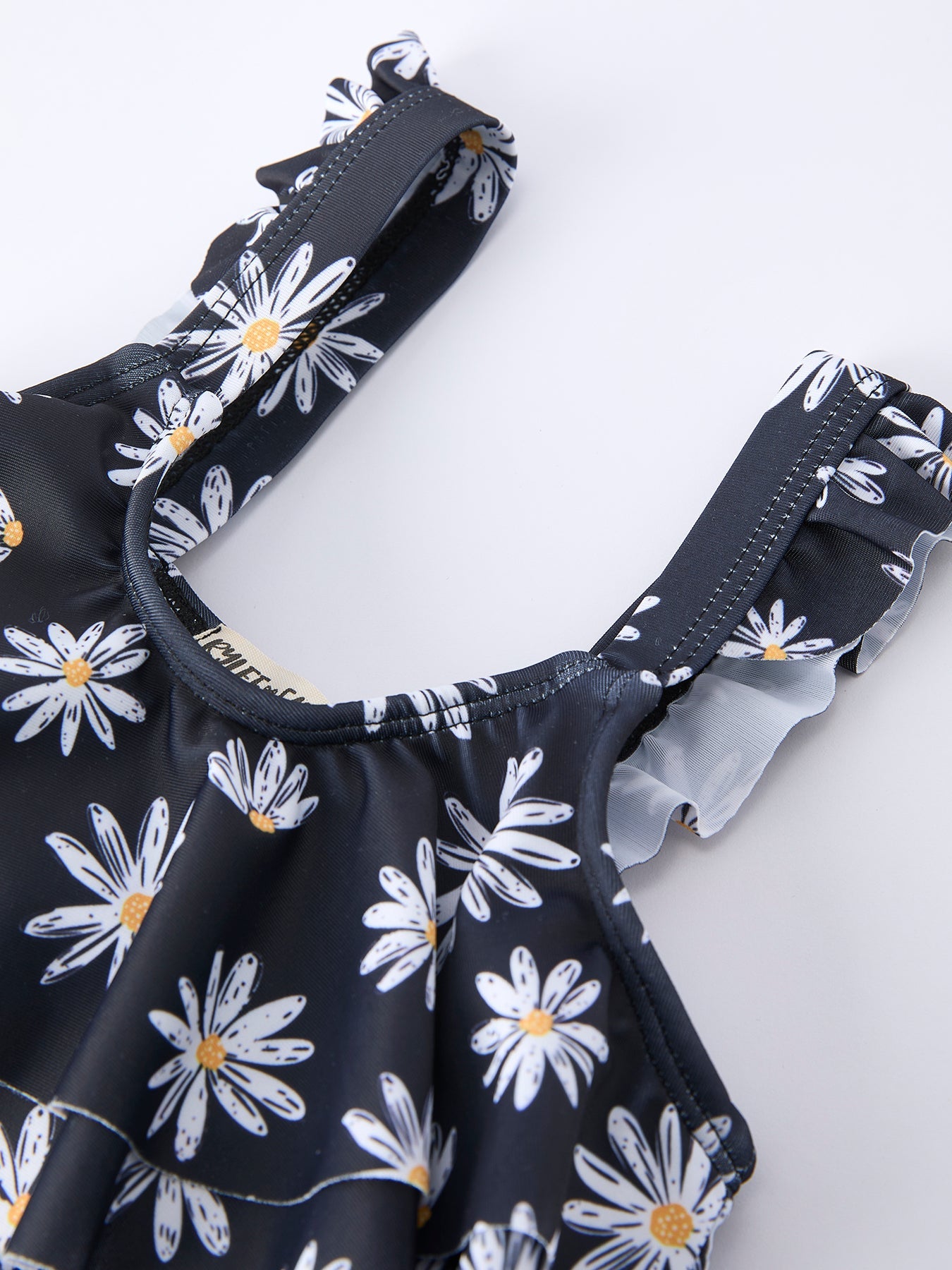 Conjunto de traje de baño de dos piezas y pareo floral negro de verano para niña