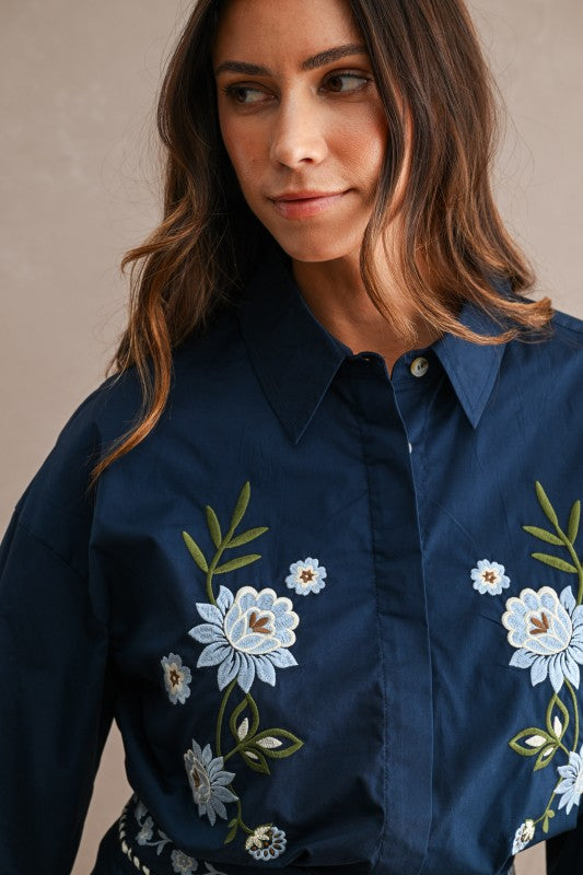 NAVY FLORAL EMBROIDERED SHIRT & WRAP MINI SKIRT SET