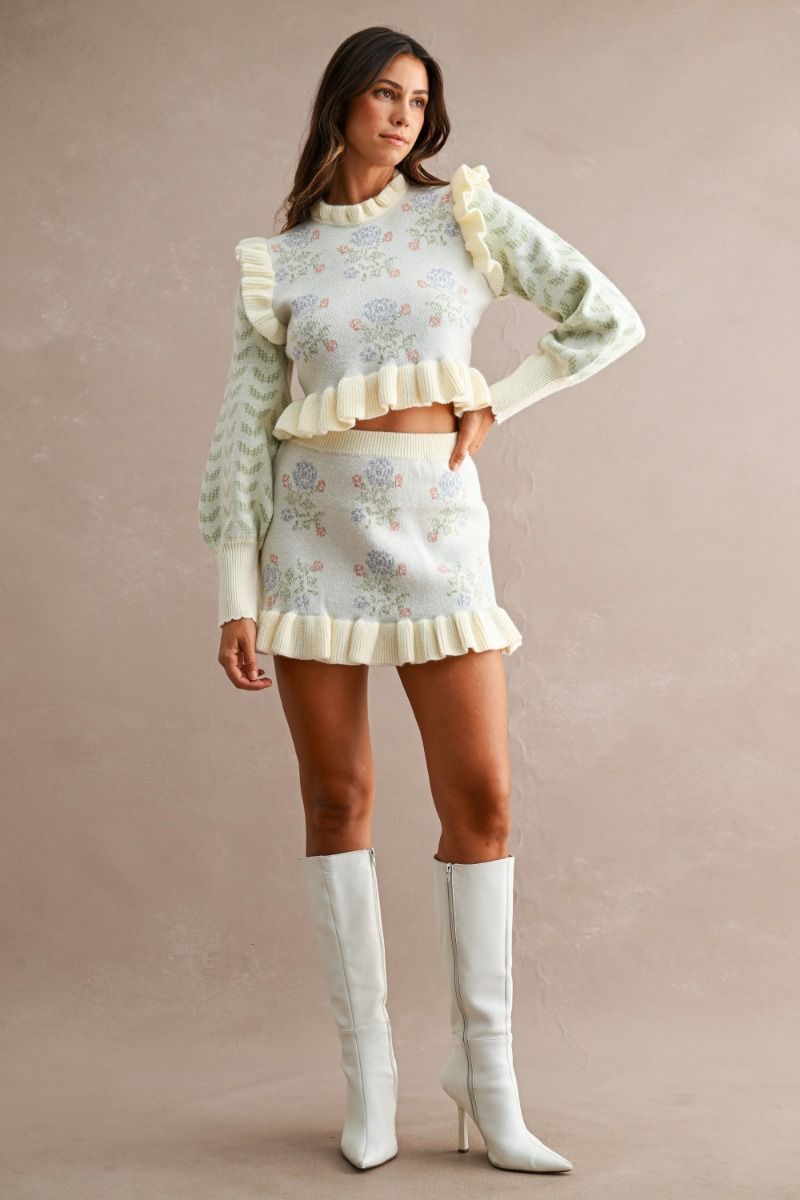 FLORAL RUFFLE KNIT MINI SKIRT SET