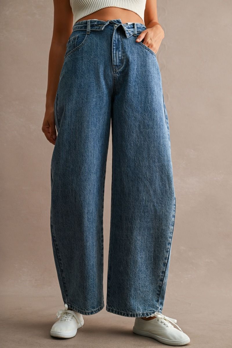FOLD-OVER WAIST BARREL JEANS