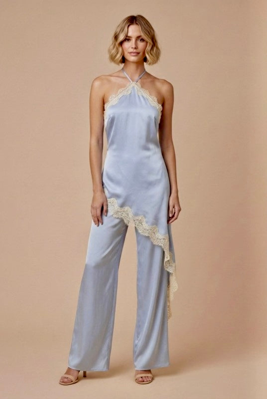 SATIN LACE HALTER JUMPSUIT