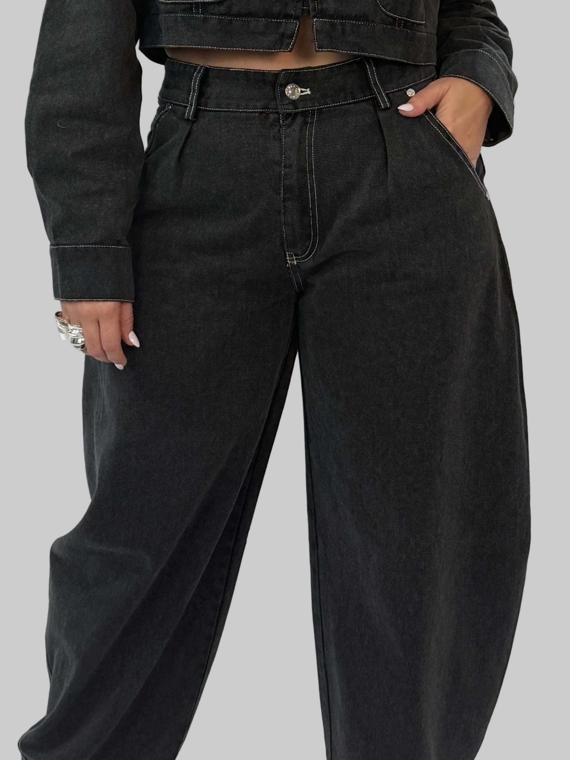 WASHED BLACK ACCENT BUTTON JACKET & PANT SET