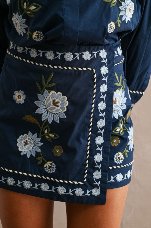 NAVY FLORAL EMBROIDERED SHIRT & WRAP MINI SKIRT SET