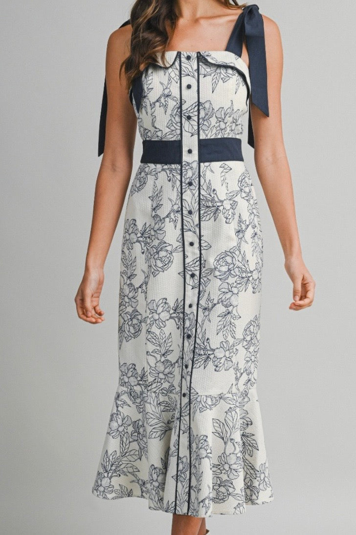 IVORY JACQUARD BOW SHOULDER MIDI DRESS