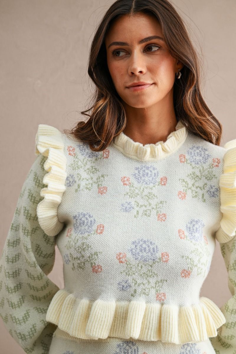 FLORAL RUFFLE KNIT MINI SKIRT SET