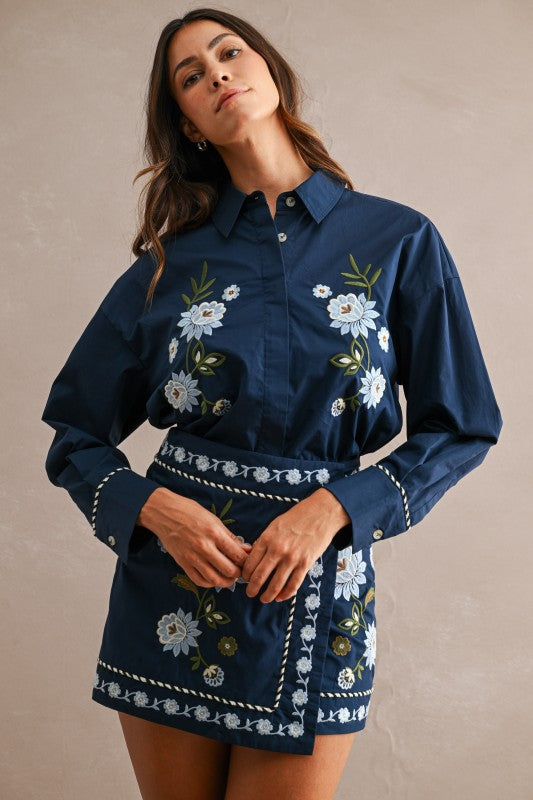 NAVY FLORAL EMBROIDERED SHIRT & WRAP MINI SKIRT SET