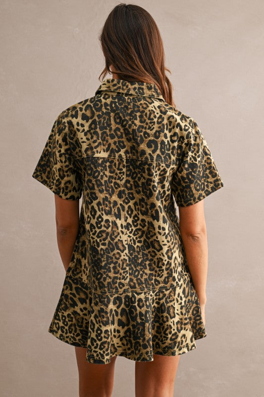 LEOPARD DENIM FLOUNCE MINI DRESS