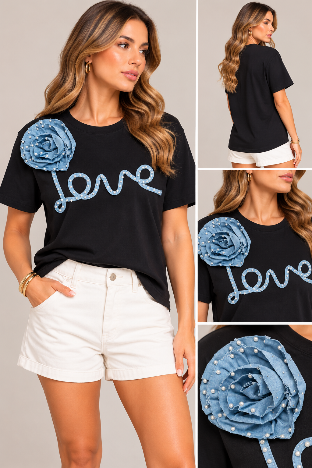 BLACK DENIM ROSE & PEARL "LOVE" TEE