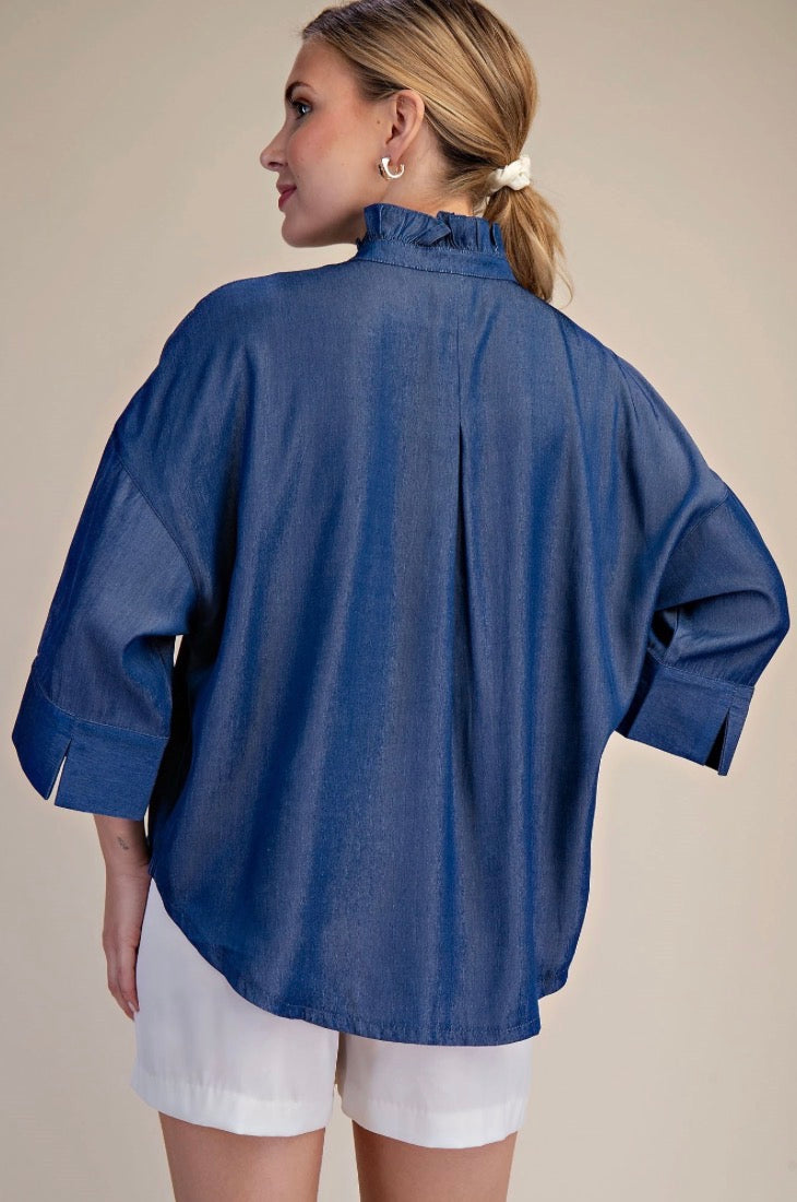 INDIGO RUFFLE BLOUSE