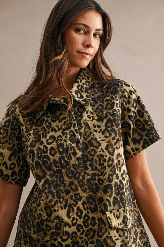LEOPARD DENIM FLOUNCE MINI DRESS