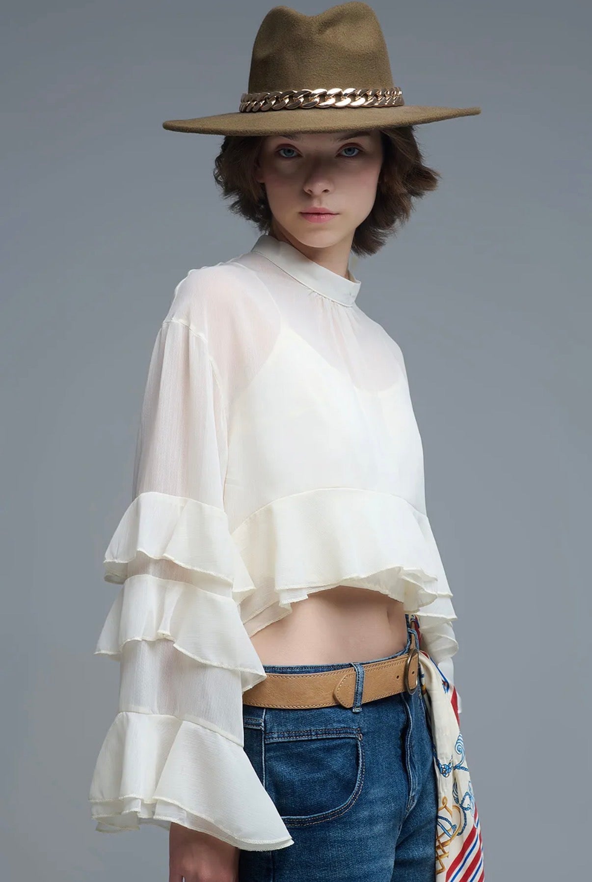 IVORY SHEER RUFFLE SLEEVE BLOUSE