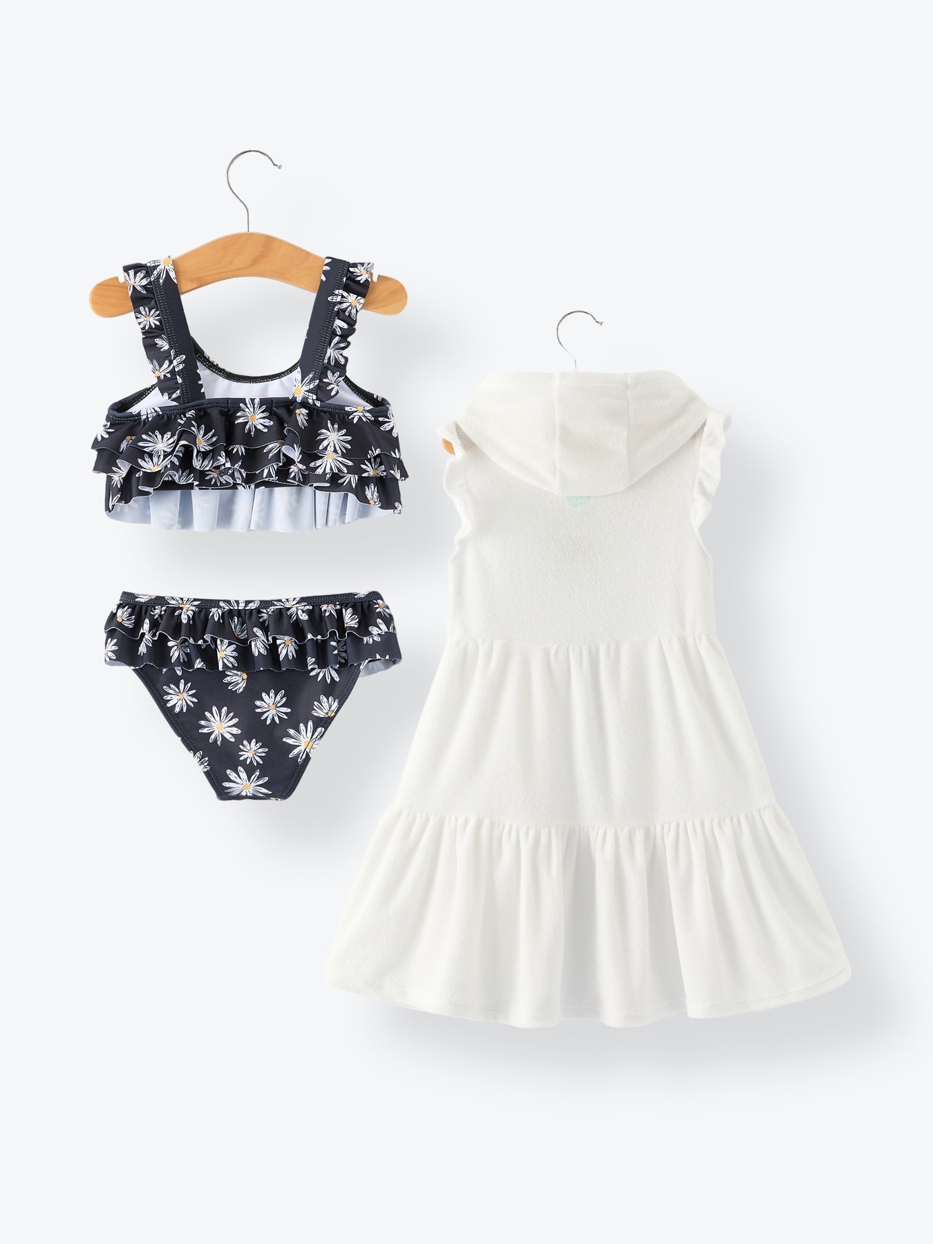 Conjunto de traje de baño de dos piezas y pareo floral negro de verano para niña
