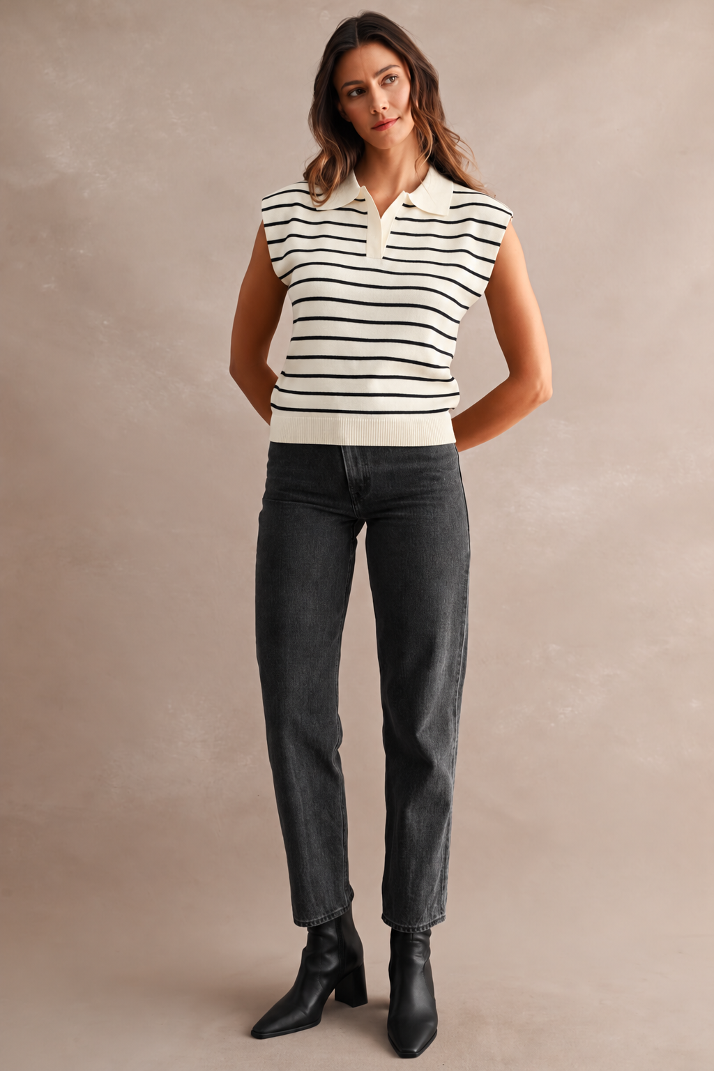 STRIPED SLEEVELESS KNIT POLO TOP