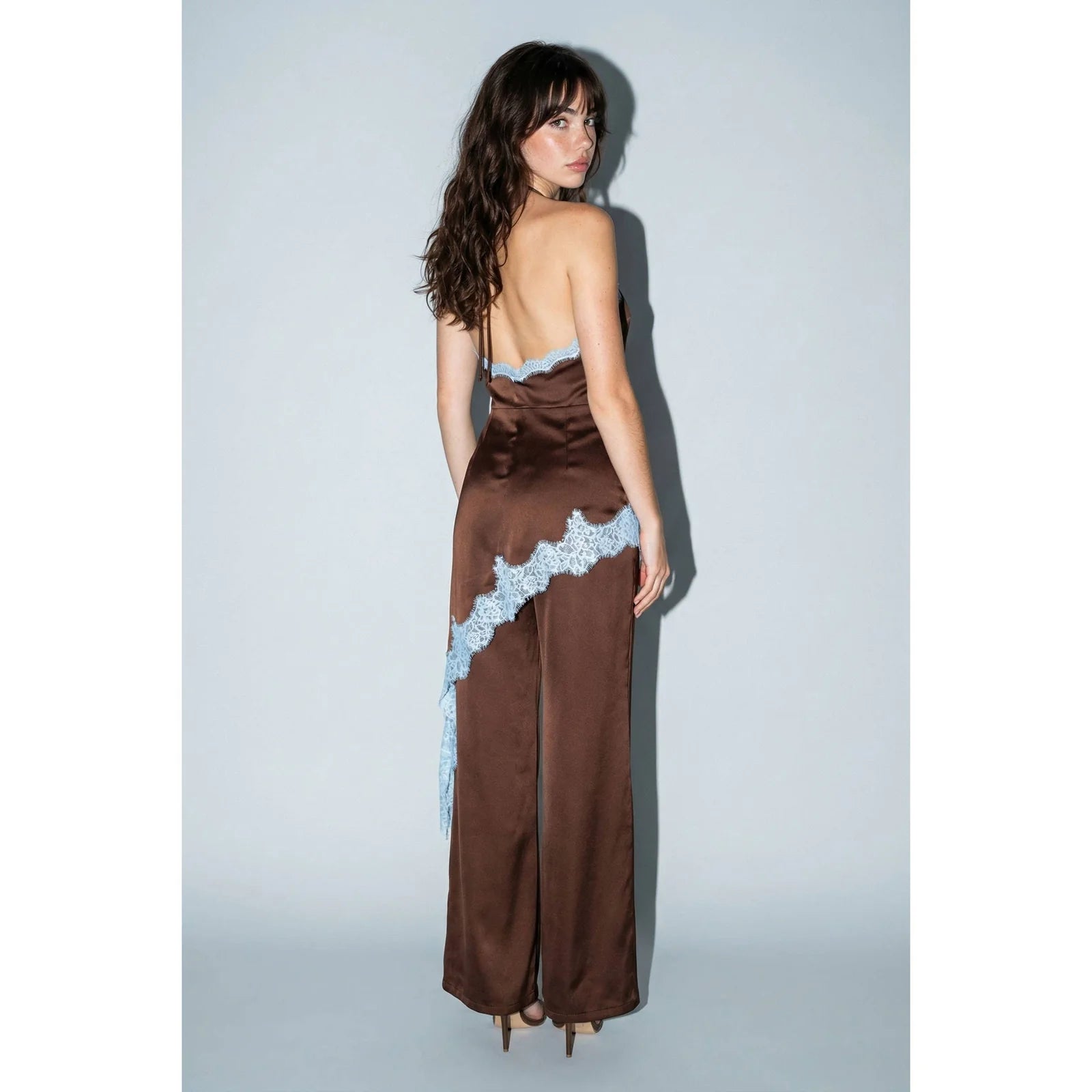 CHOCOLATE SATIN LACE HALTER JUMPSUIT