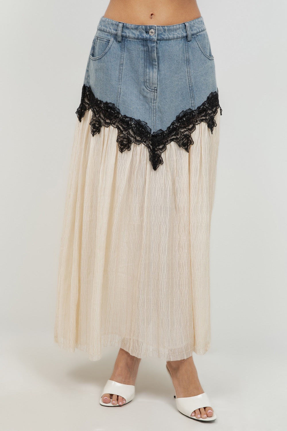 DENIM LACE MIDI SKIRT