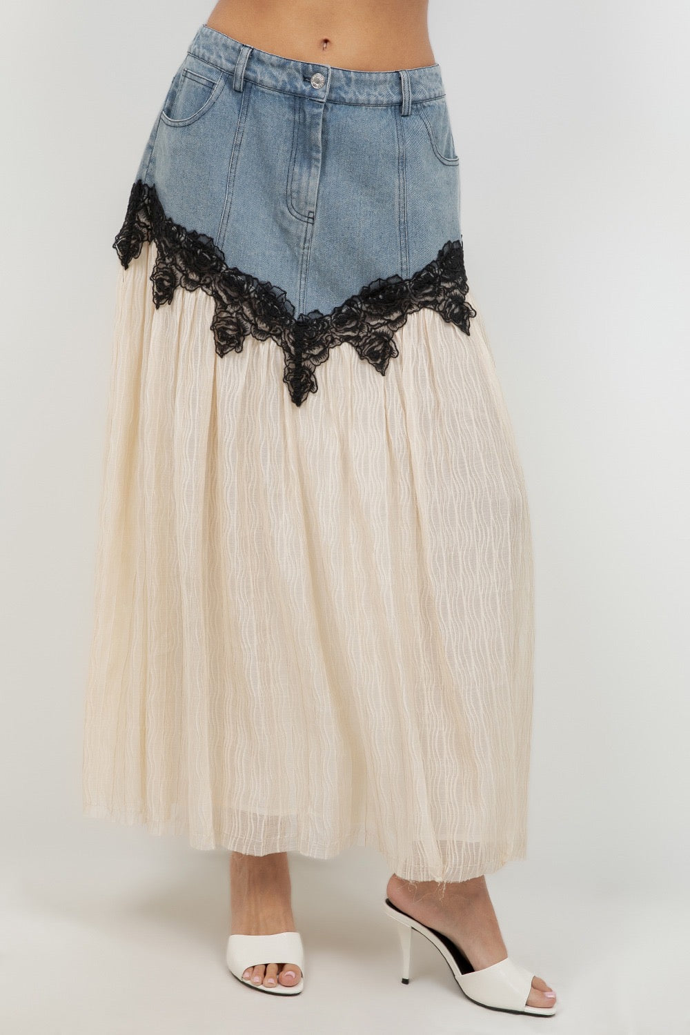 DENIM LACE MIDI SKIRT