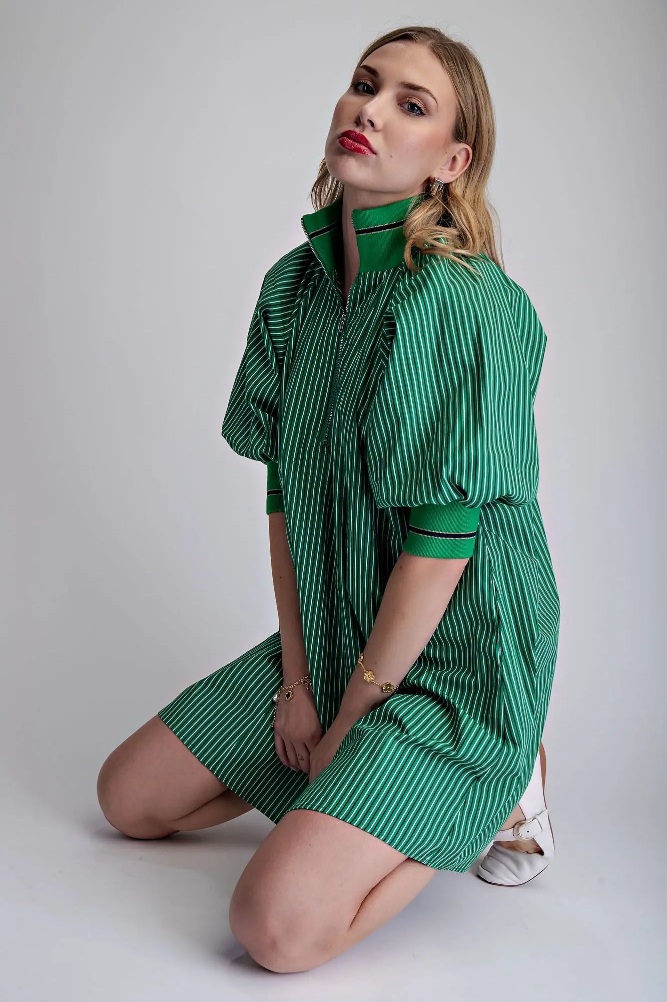 EMERALD STRIPE ZIP MINI DRESS