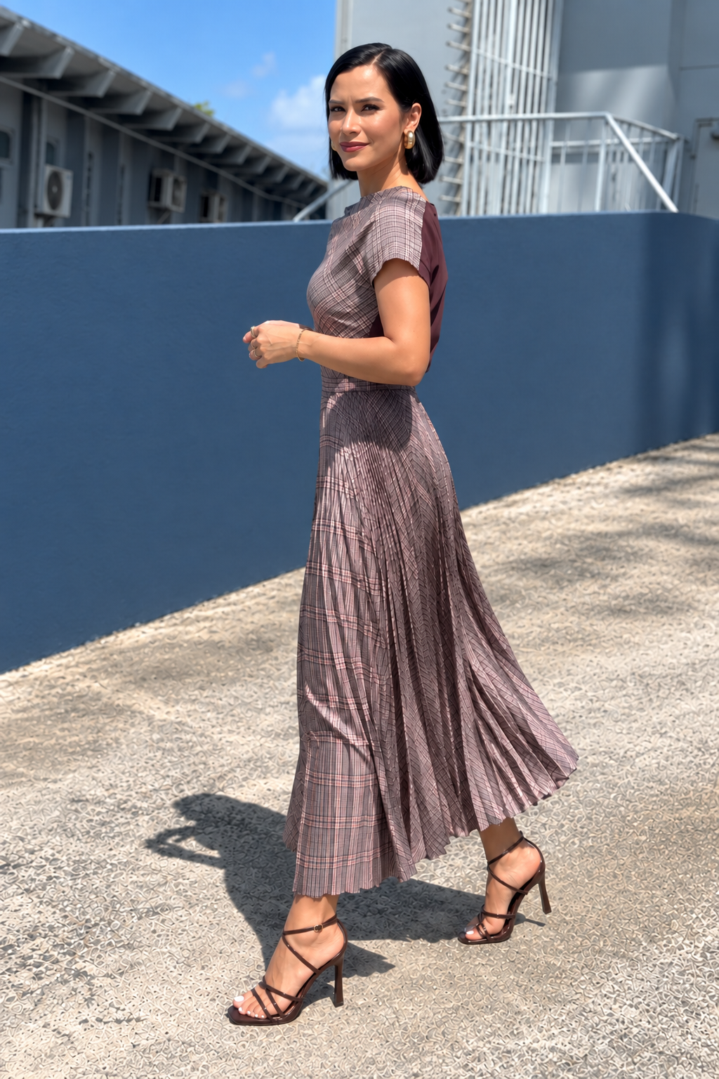 PLAID COWL NECK PLEATED MAXI DRESS