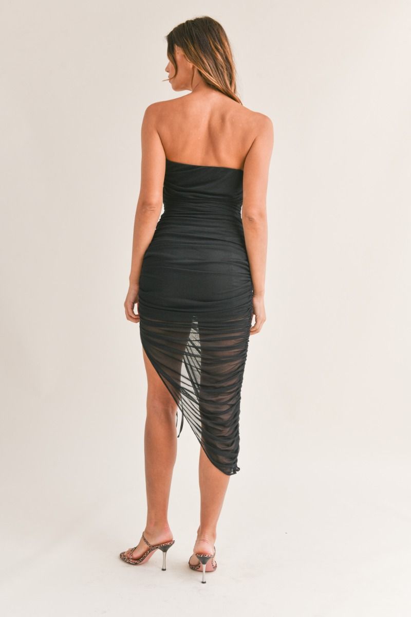 VESTIDO MIDI ASIMÉTRICO DE MALLA FRUNCIDA