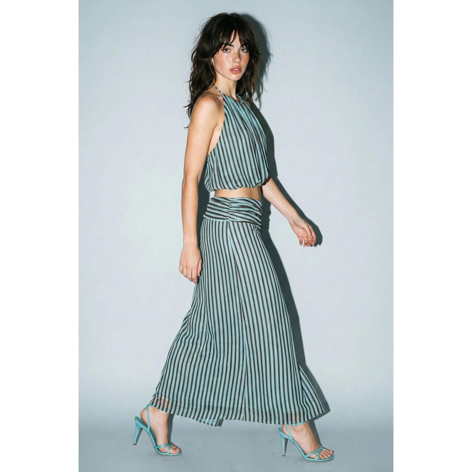 STRIPED HALTER & RUCHED MAXI SKIRT SET