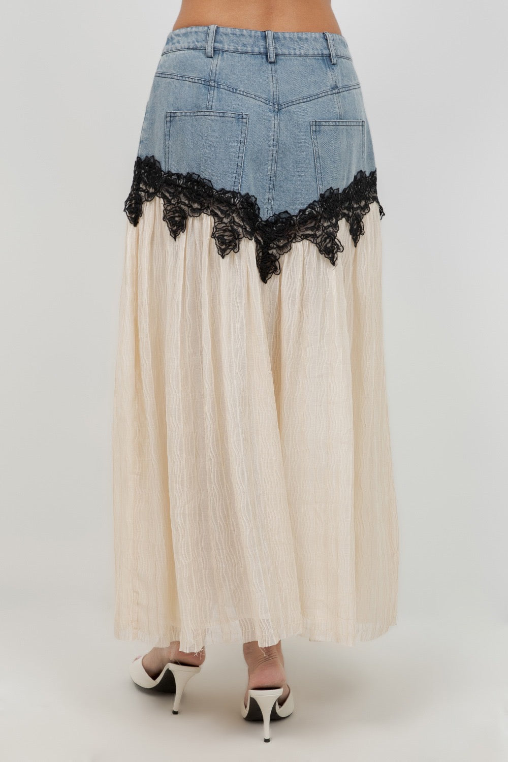 DENIM LACE MIDI SKIRT