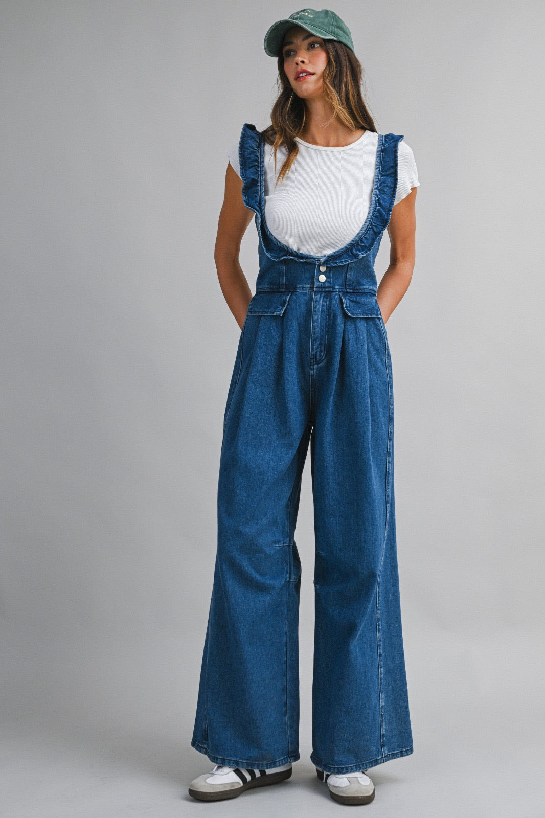 DENIM RUFFLE OVERALLS