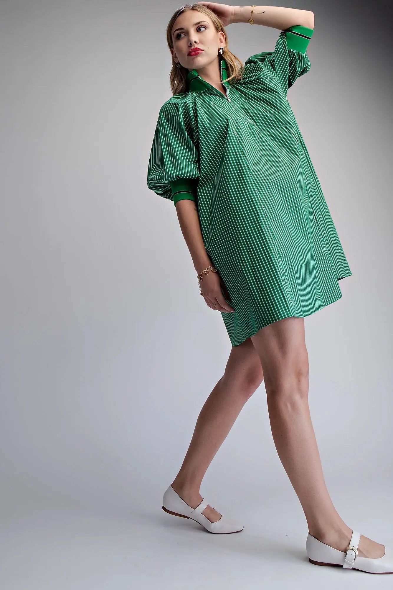 EMERALD STRIPE ZIP MINI DRESS