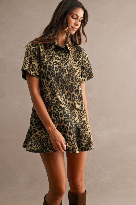 LEOPARD DENIM FLOUNCE MINI DRESS