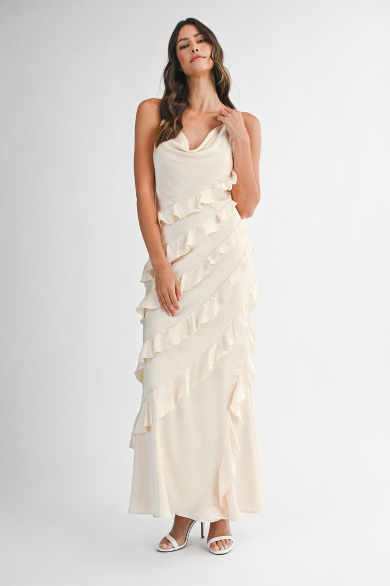 IVORY SATIN RUFFLE MAXI DRESS