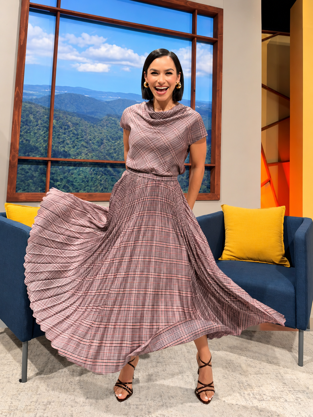PLAID COWL NECK PLEATED MAXI DRESS