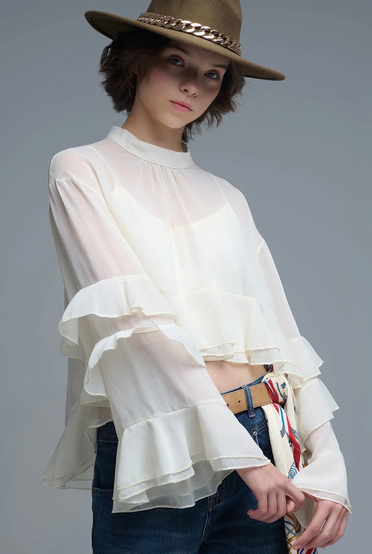IVORY SHEER RUFFLE SLEEVE BLOUSE