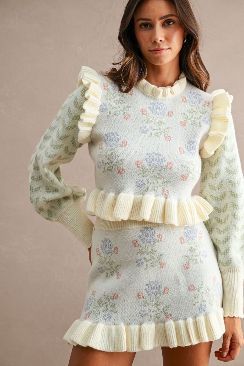 FLORAL RUFFLE KNIT MINI SKIRT SET